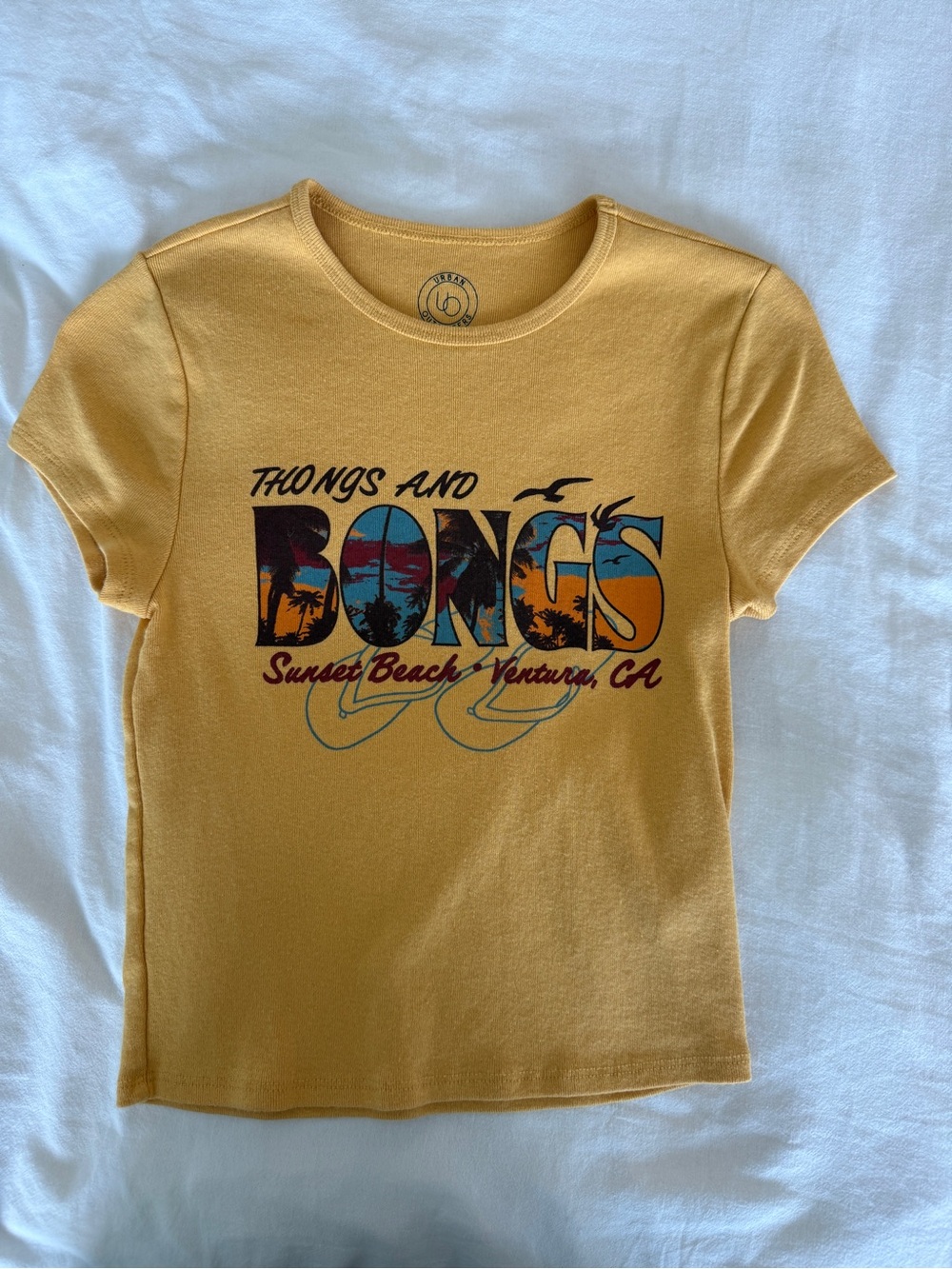 UO Mustard Yellow Graphic Baby Tee - Sunset Beach Design